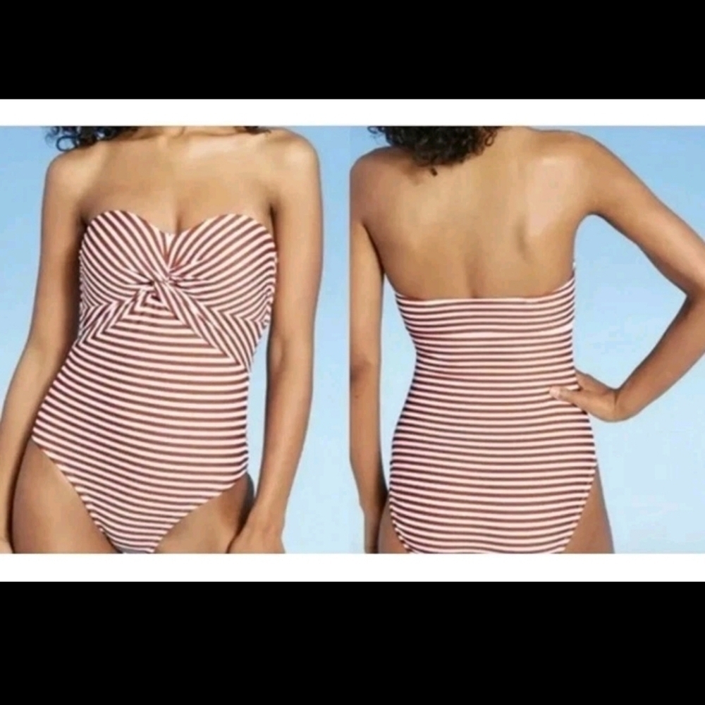 Kona Sol Women's Bandeau Red A D White Twist Front One Piece Swimsuit M